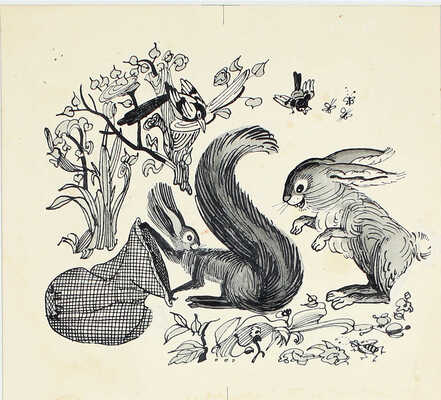 Корнев Олег. Лот из двух иллюстраций к сказке А. Гарфа «Как Зайчишка ума набрался. Монгольская сказка» для сборника «Круглый год» (М.: Детлит, 1971)